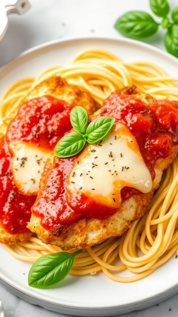 Crispy air fryer chicken parmesan topped with marinara sauce and mozzarella cheese, served with spaghetti and basil.